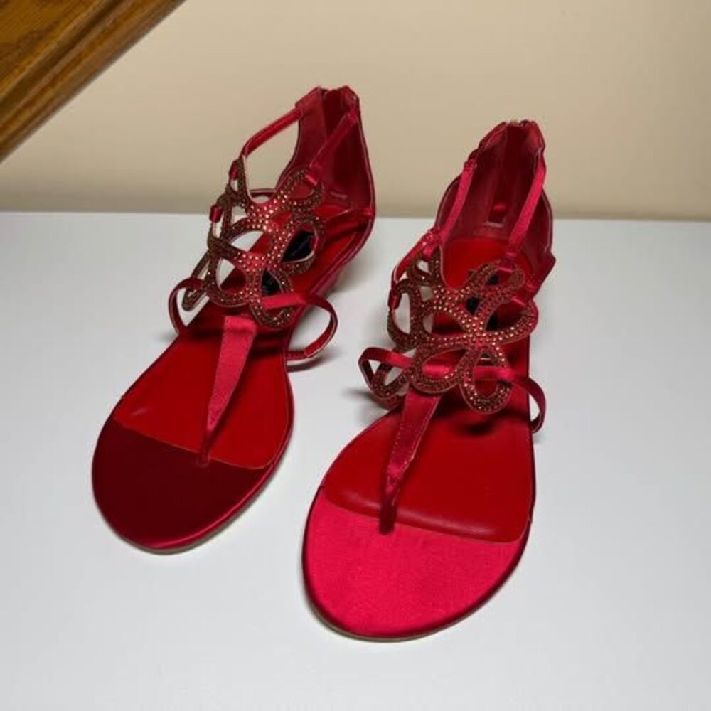 Steven by Steve Madden Red Satin Rhinestone Wedge Sandals Size 7.5